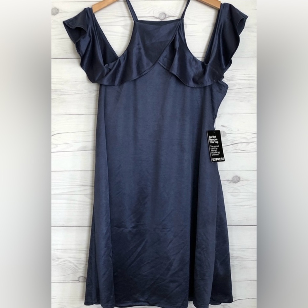 Express Navy Blue Ruffle Cold-Shoulder Mini Dress